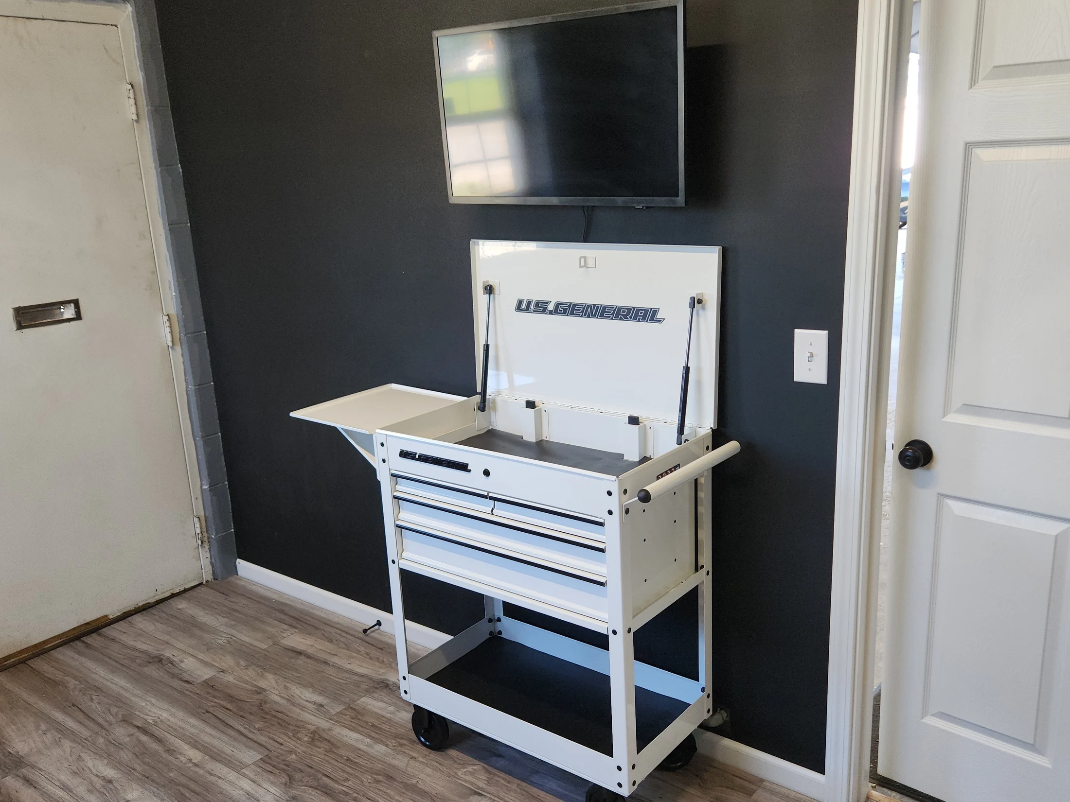 A rolling tool cabinet inside the Stepp's customer and service area
